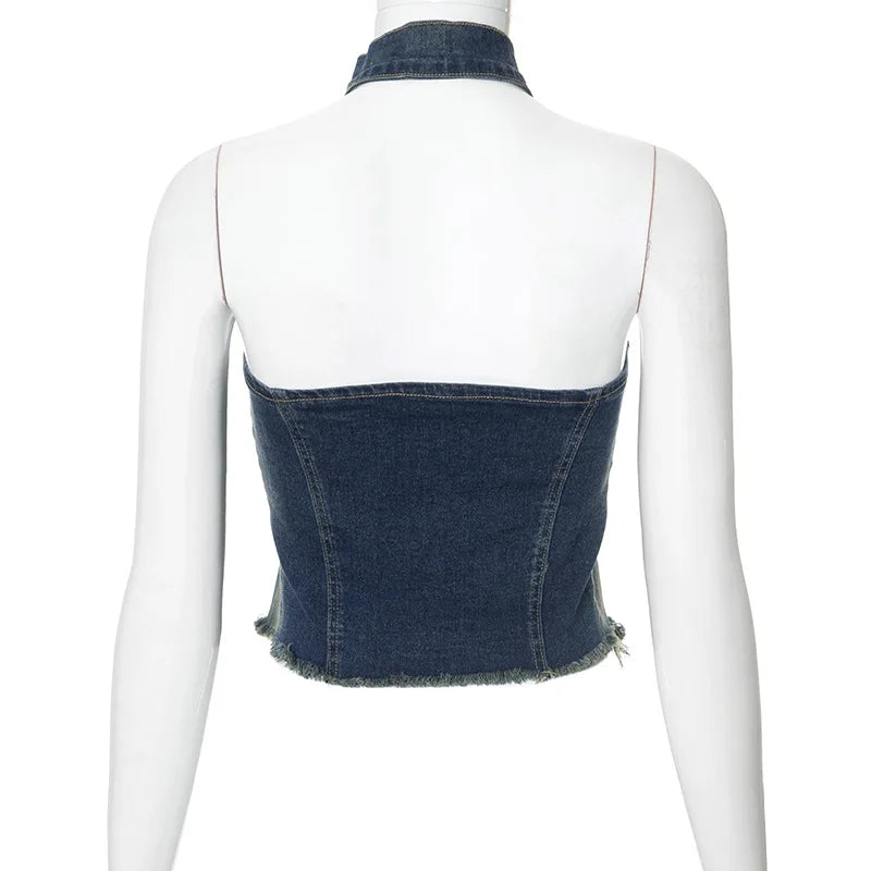 Sleeveless Halter Turtleneck Denim Tank Top