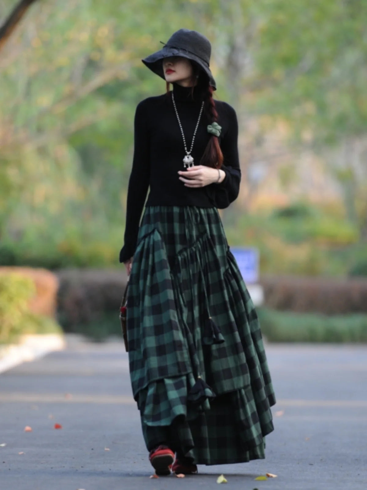 Cotton Thick Elastic Waist A-Line Plaid Green Skirt