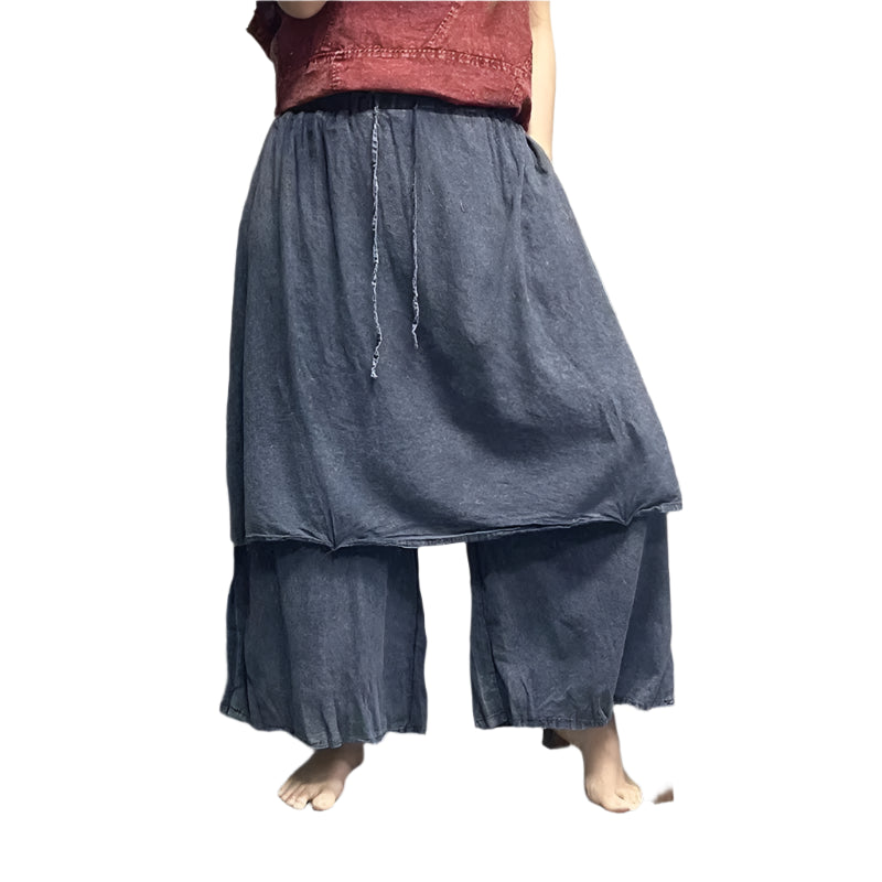 Cotton Linen Elastic Waist Loose Ankle-length Wide Leg SkirtPants