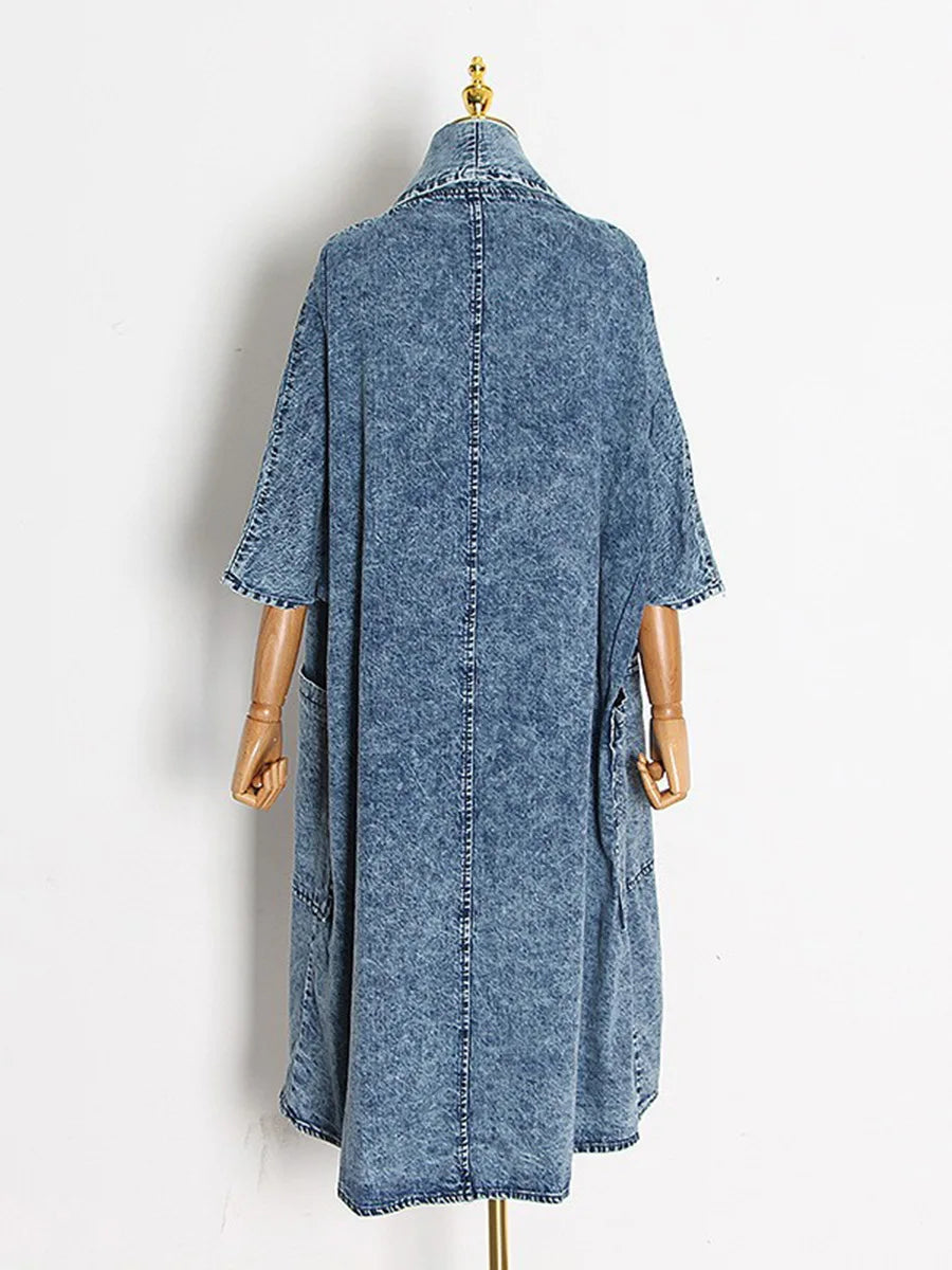 Denim Three Quarter Sleeve Long Blue Denim Coat