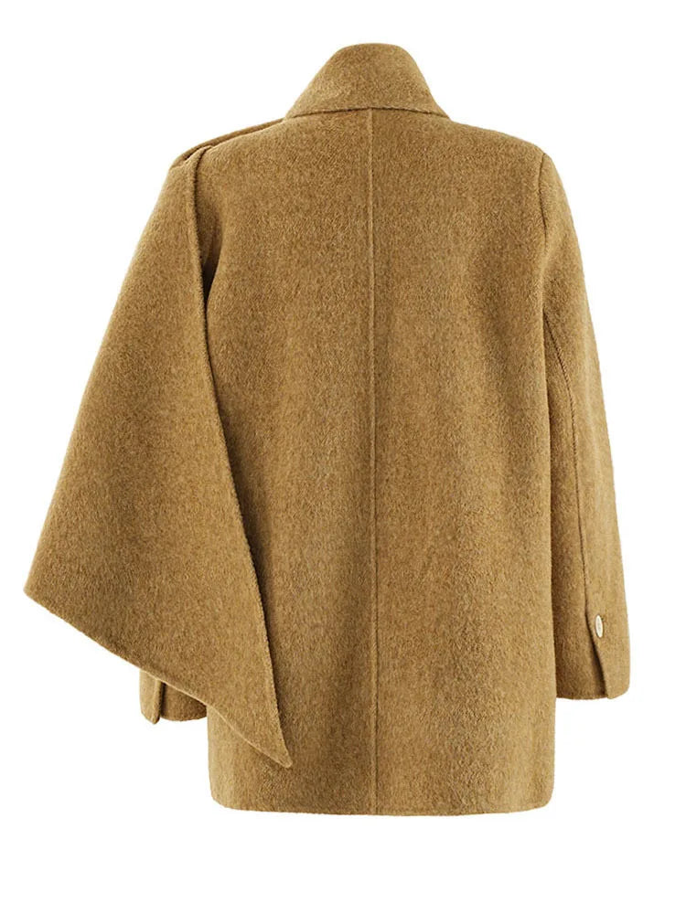 Khaki Big Size Thick Warm Wool Scarf Collar Coat