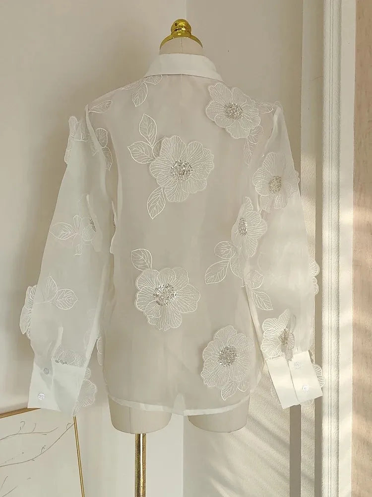 Floral Appliquesl Long Sleeve Single Buttoned Blouse