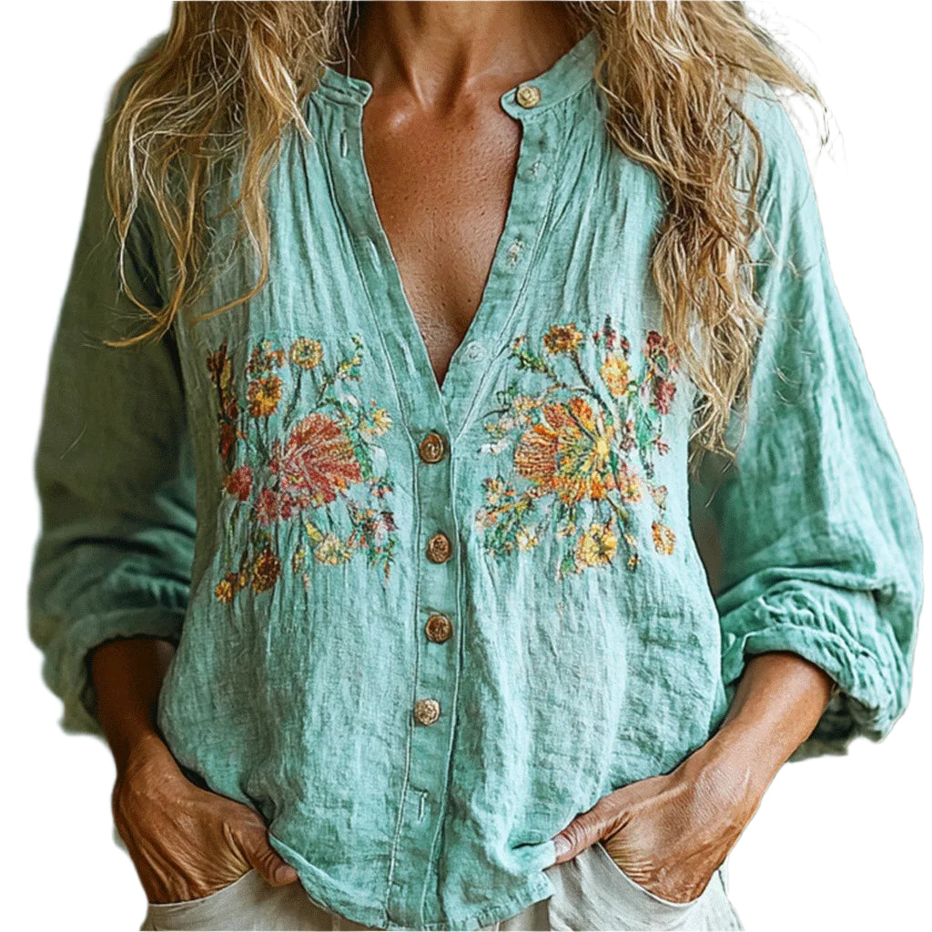 Floral Printed V-Neck Long Sleeve Bohemian Blouse