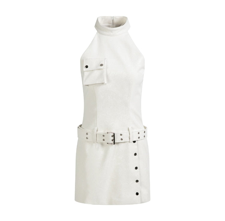 Sleeveless White Crocodile Print Faux Leather Halter Dress