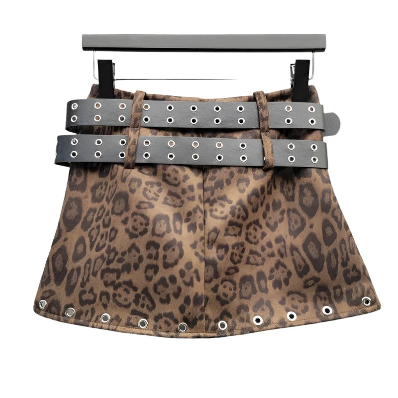 Double Belt Irregular Leopard Printed Brown Mini Skirt