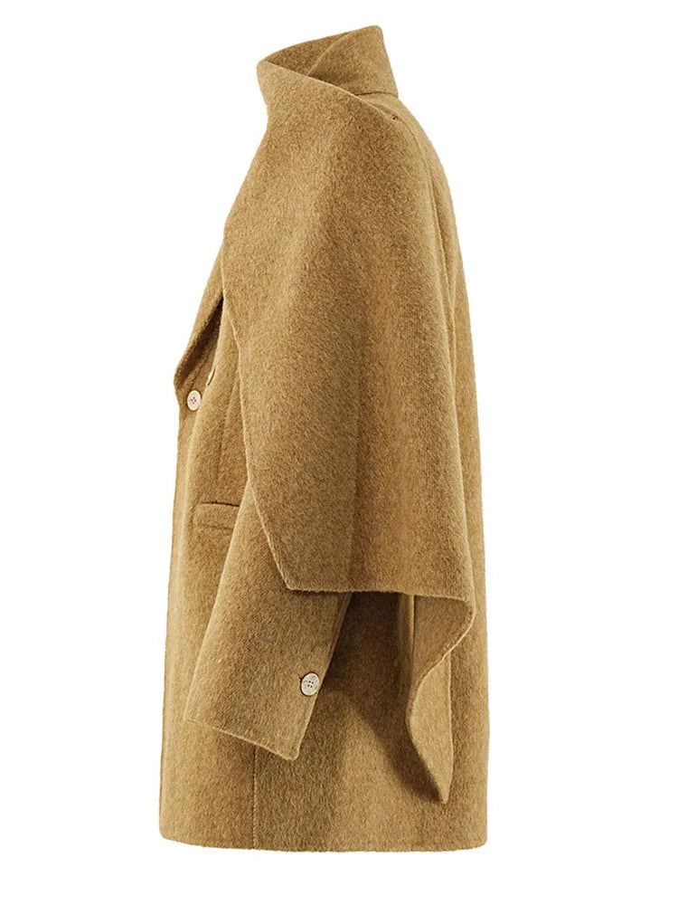 Khaki Big Size Thick Warm Wool Scarf Collar Coat