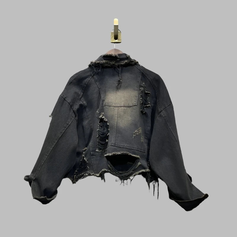 Denim Distressed Hand Frayed Patch Short Coat Jacket