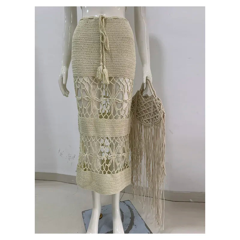 Handmade Crochet Crossed Top Long Skirt Beachwear