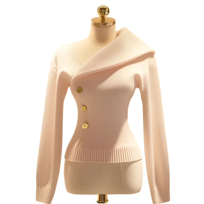 Elegant  Slim Fit Knit  Asymmetrical Lapel Sweater Pullover