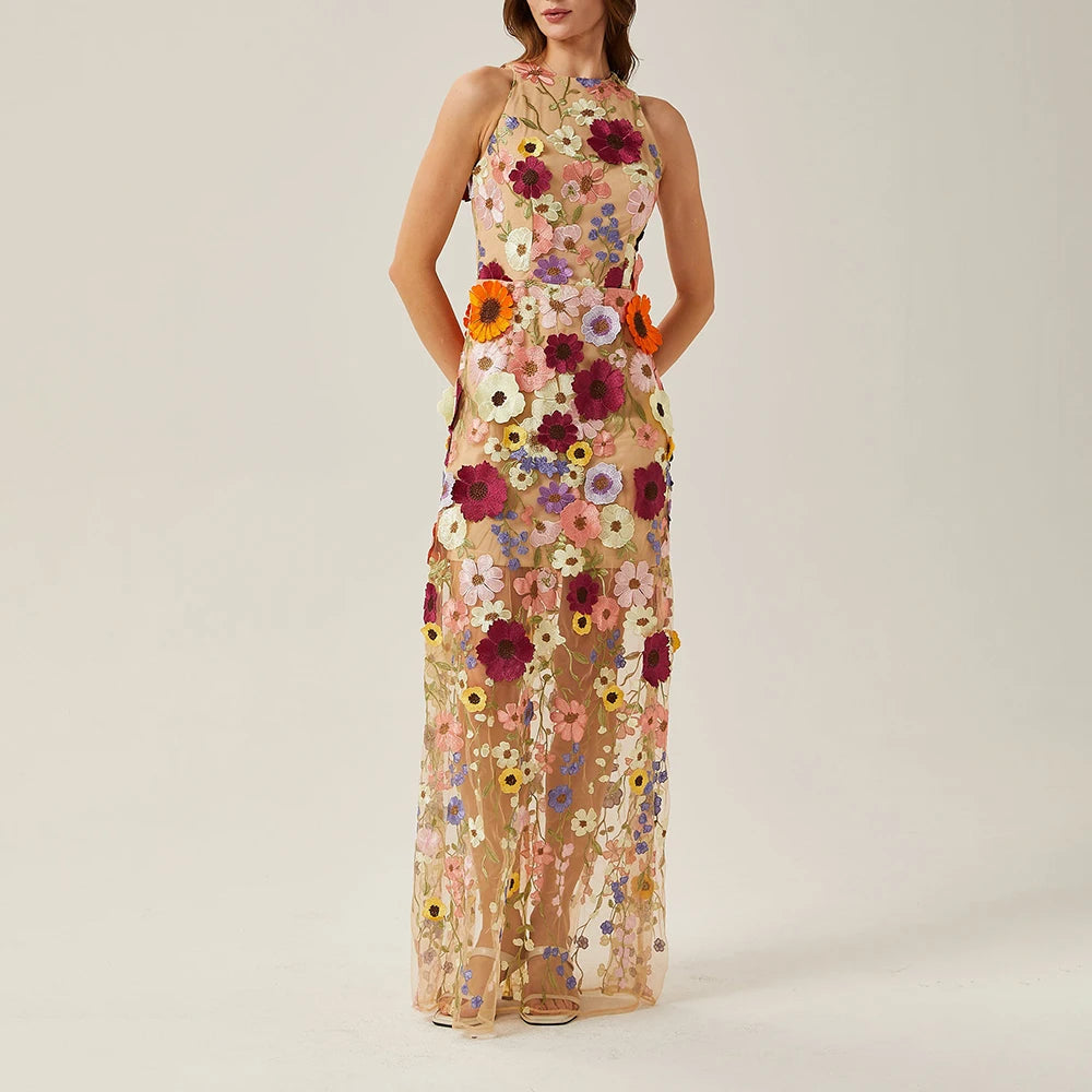 Patchwork Floral Sleeveless Mesh Dress