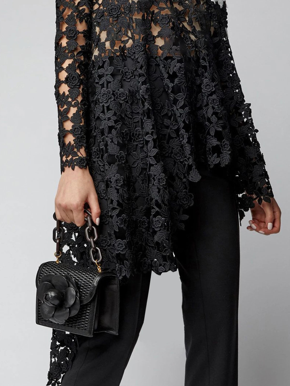 Asymmetrical Lace Long Sleeve Irregular Floral Blouse