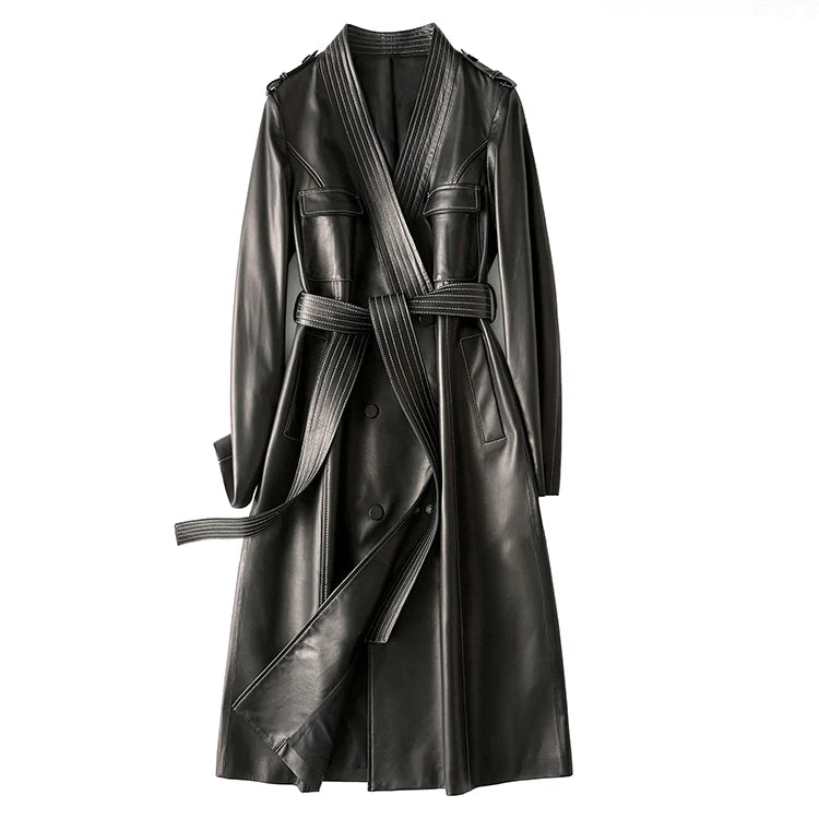 Deep V Neck Double Buttoned Soft Pu Leather Trench Coat