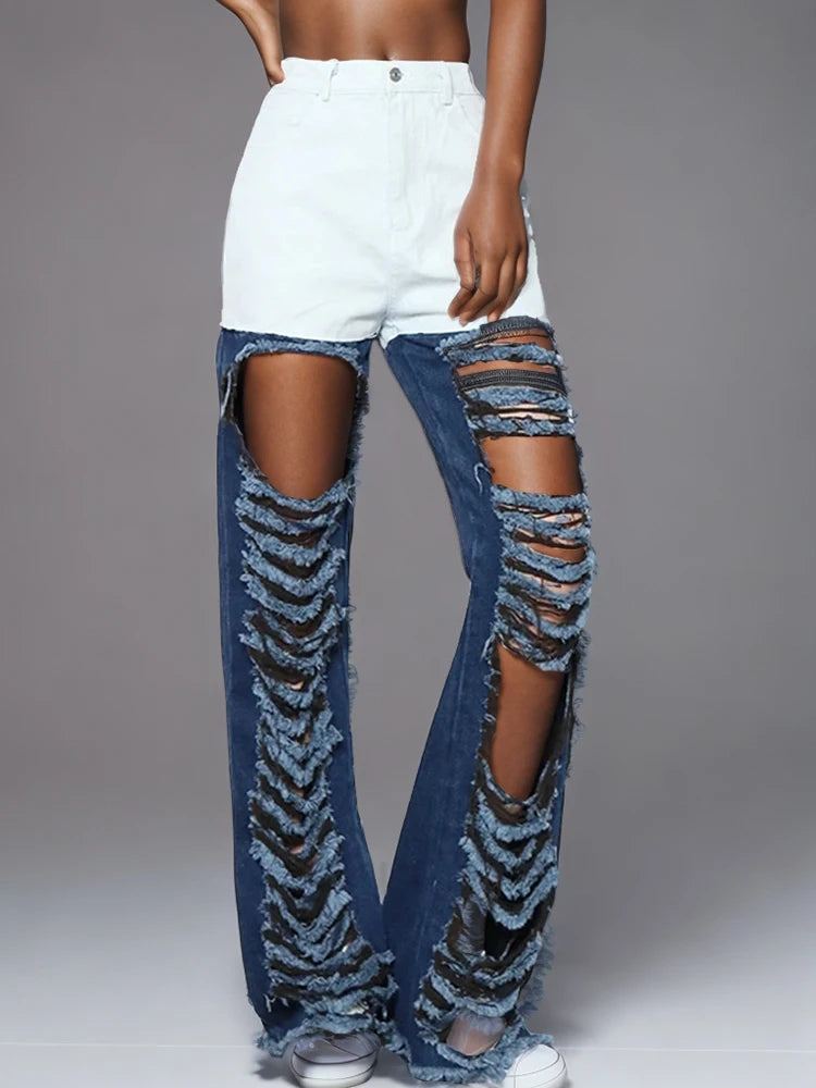 Cut Out Colorblock Straight Denim Long Pants