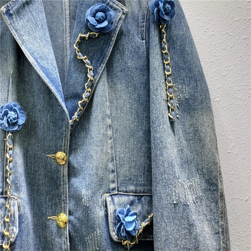 Denim Patchwork Flower Gold Chains Blazer