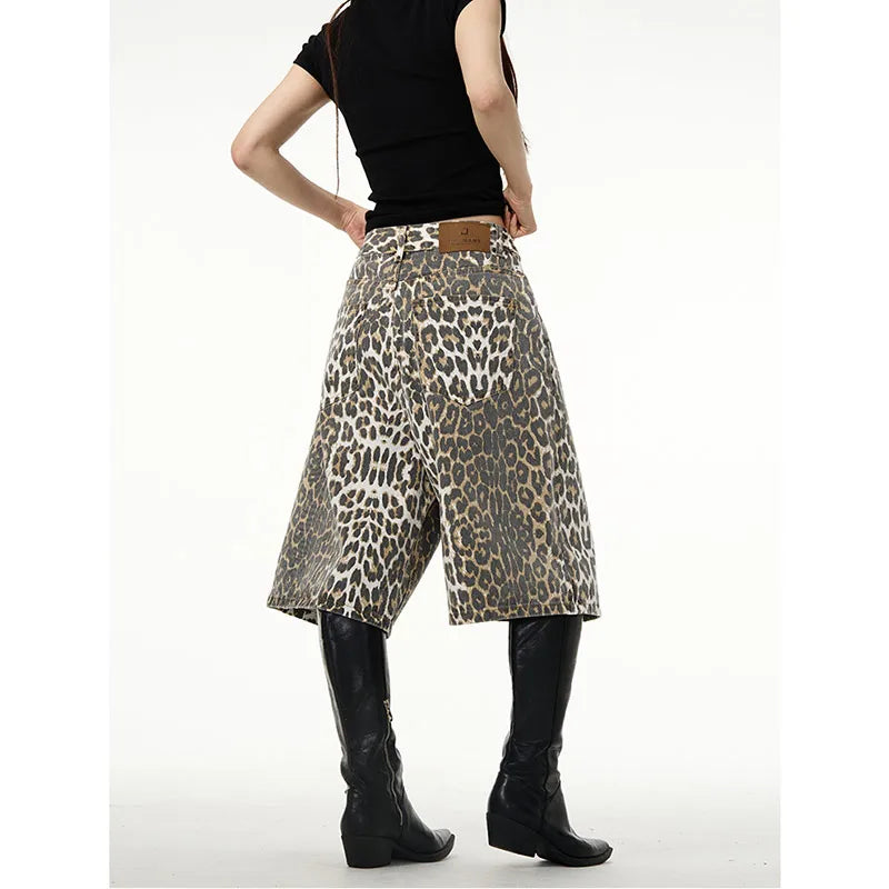 Leopard Print Long Short Jeans