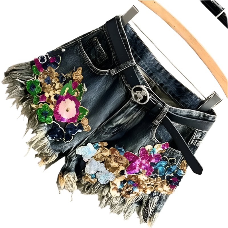 Sequin Floral Print Denim Shorts