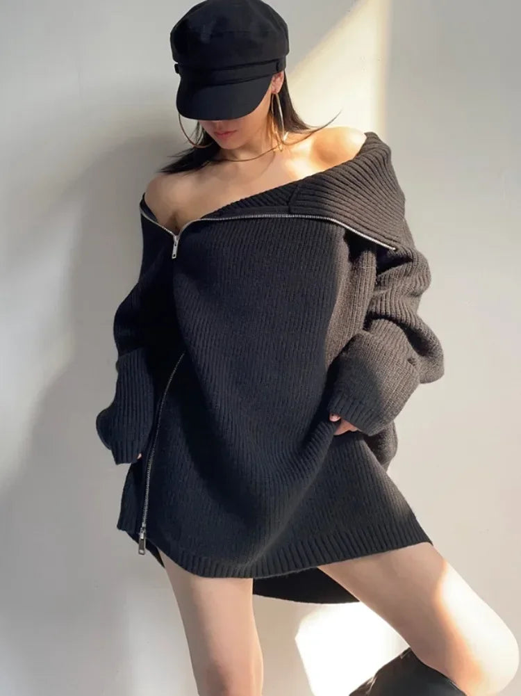 Turtleneck Zipper Knitted Loose Sweater