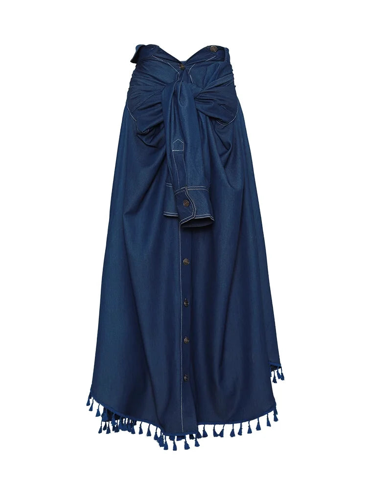 Long Maxi A-Line Denim Tassels Skirt