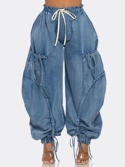 Denim Lace Up Drawstring  Jeans