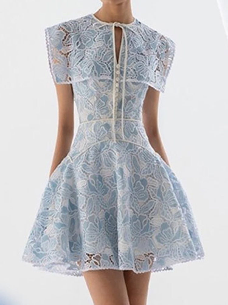 Sleeveless Lace Embroidery Mini  Blue Dress