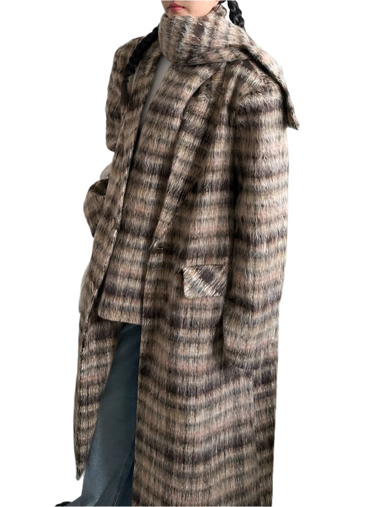 Khaki Plaid With Scarf Long Wool Coat