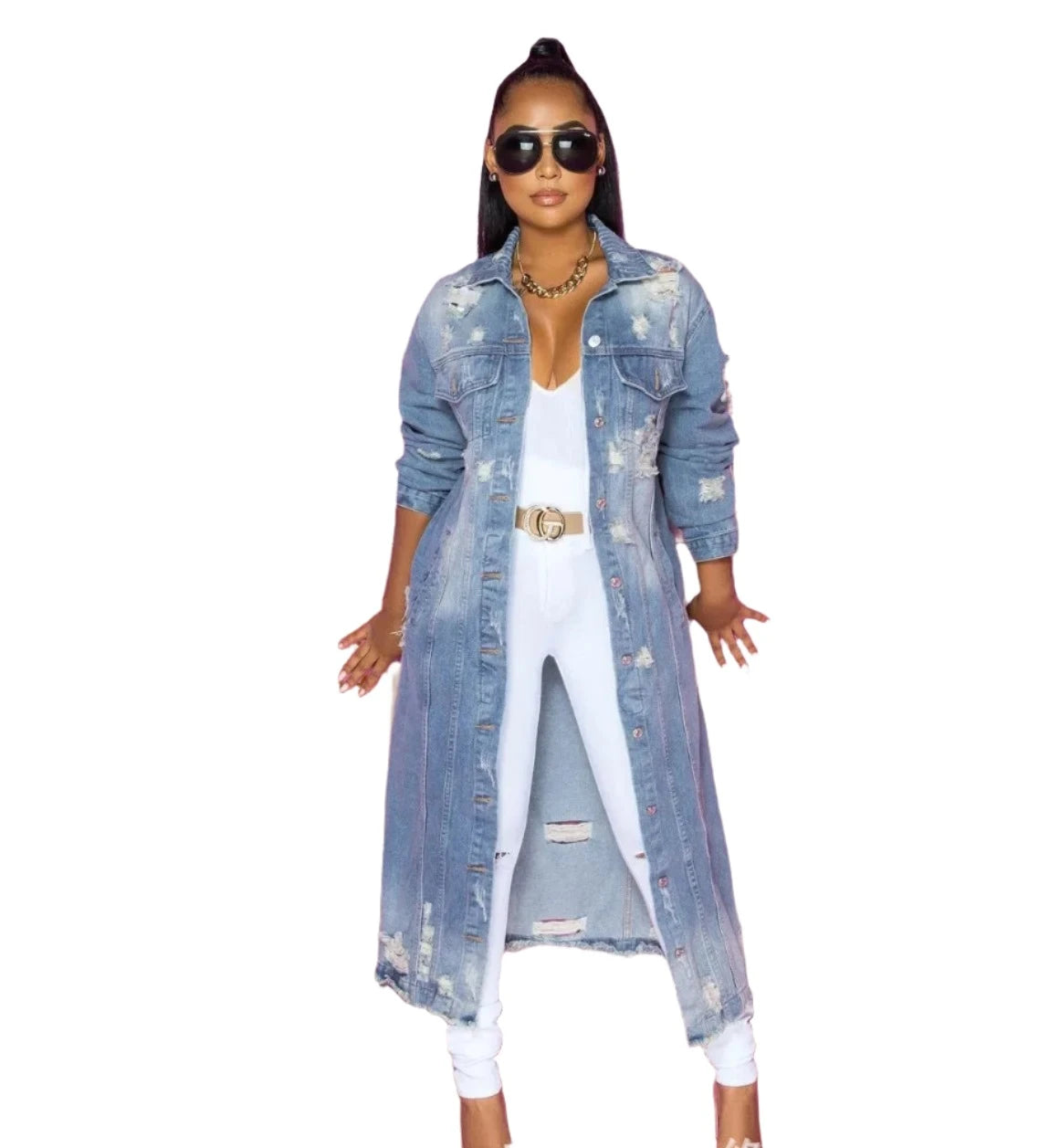 Ripped Raw Hem Button Front Denim Coat