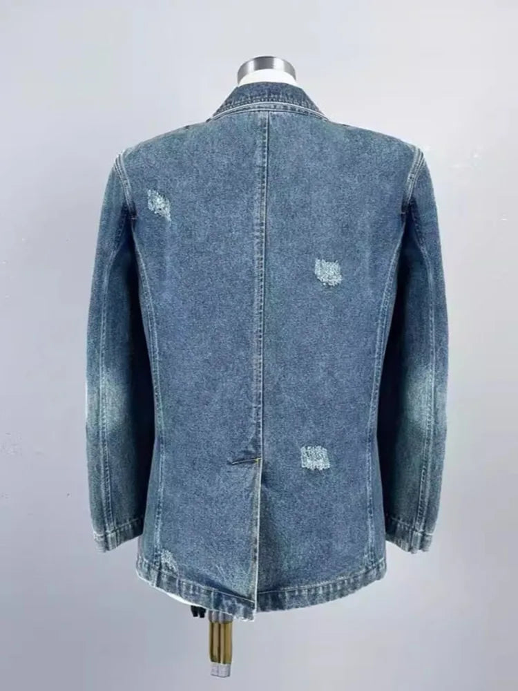 Denim 3D Flower Turn-down Collar Jacket