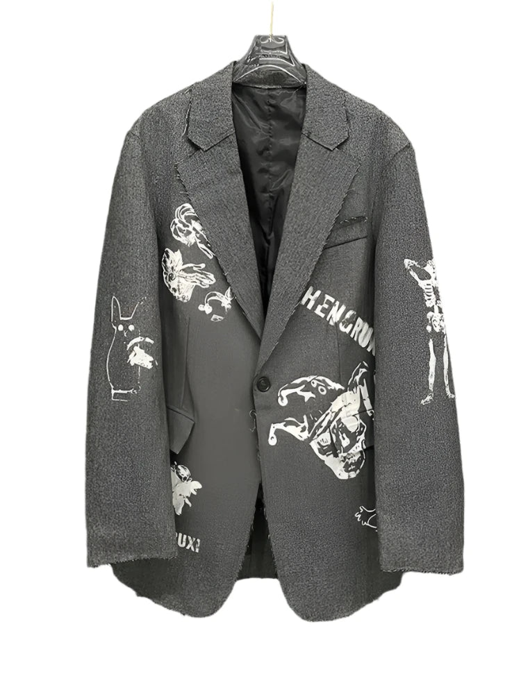 Hand Drawn Graffiti Notched Collar Grey Ruff Edge Blazer