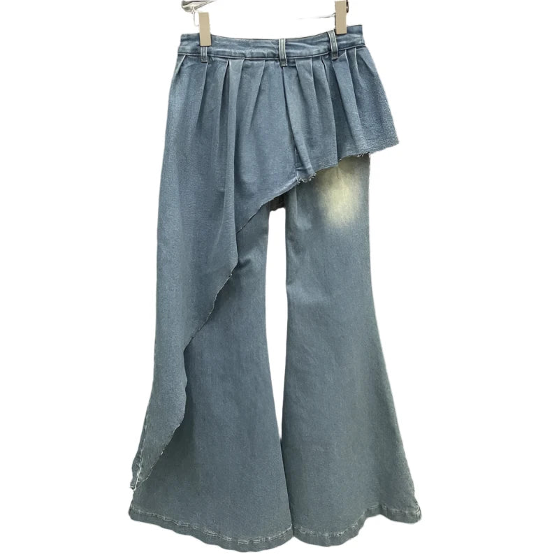 Irregular Skirt Fake 2 Pcs Denim Flare Pants