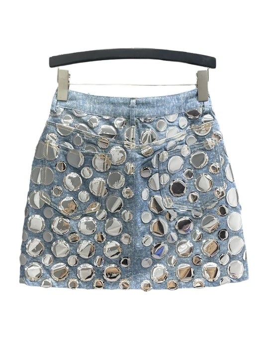 Denim Circular Sequin Patchwork Short Miniskirt