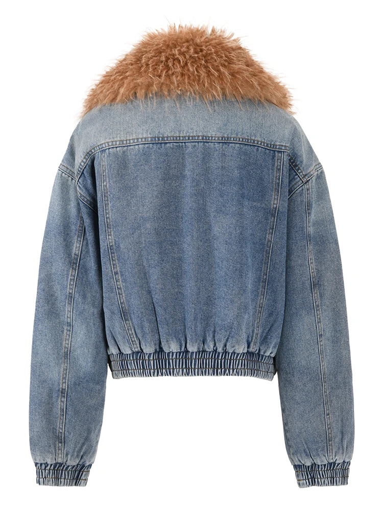 Faux Fur Collar Denim Double Zipper Long Sleeve Thick Warm Short Coat