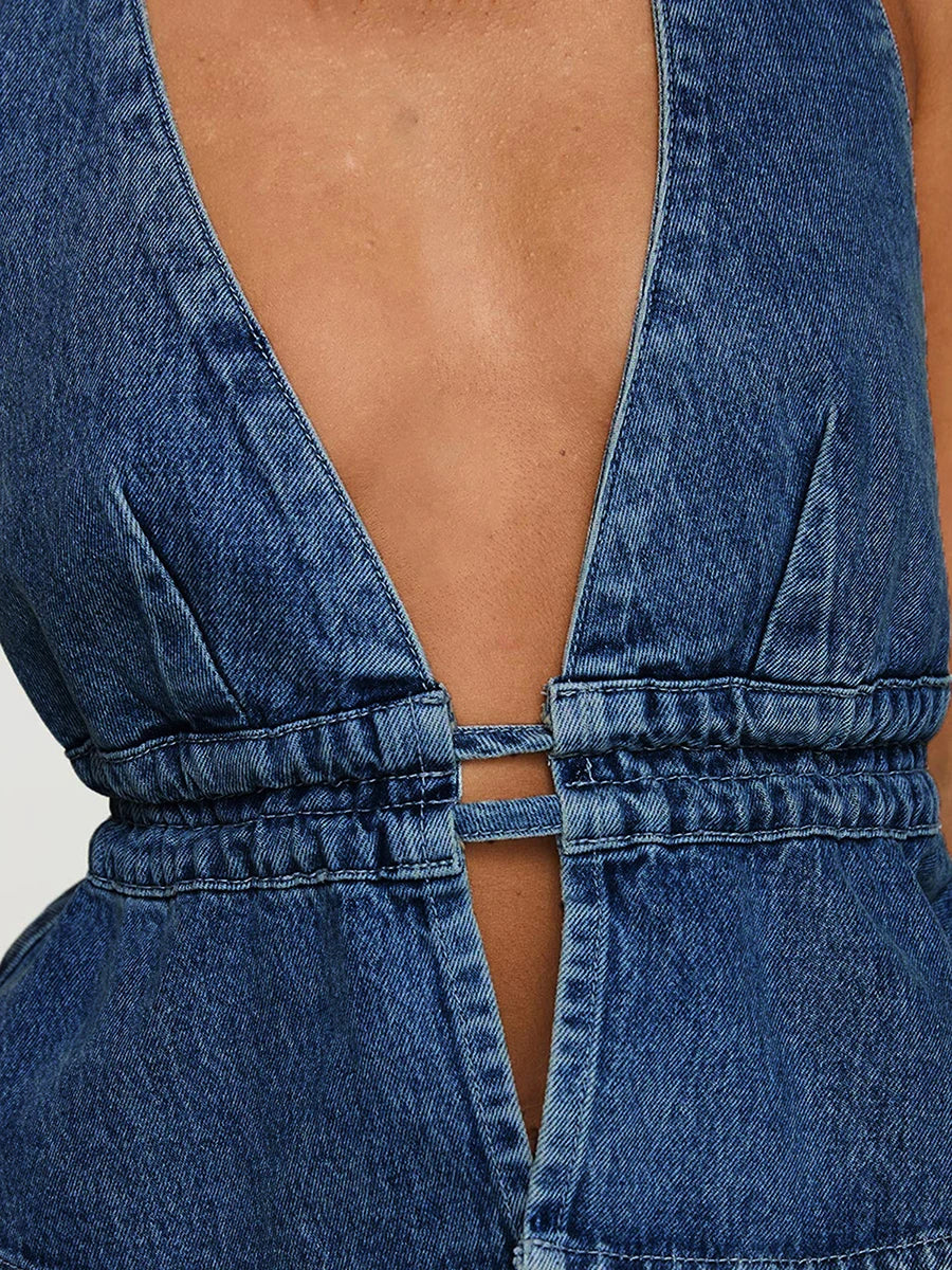 Halter Neck Denim Deep V Neck Backless Crop Top