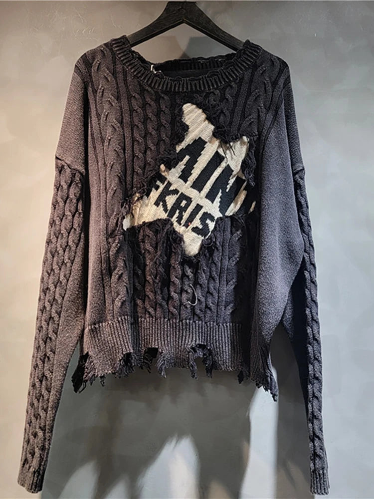 Distressed  Patchwork Letter Long Sleeve Knitted Sweater