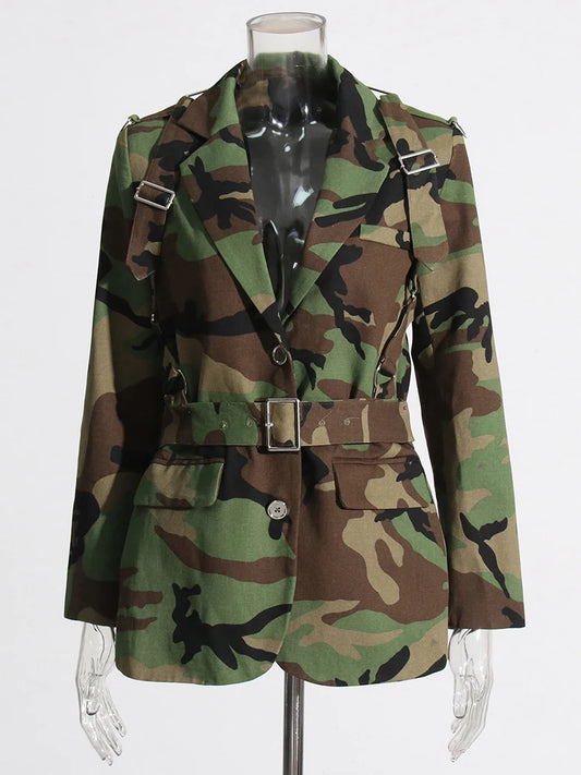 Camouflage Belted Long Sleeve Blazer