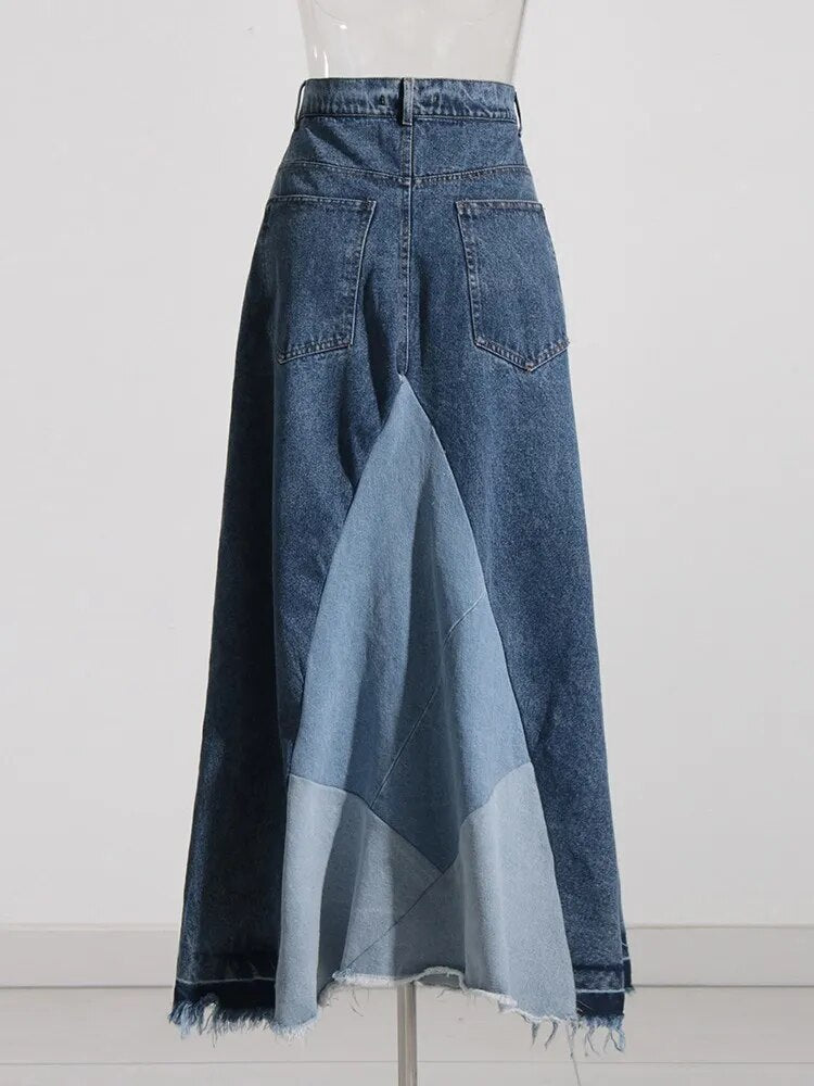 Vintage Denim High Waist Patchwork Long Skirt