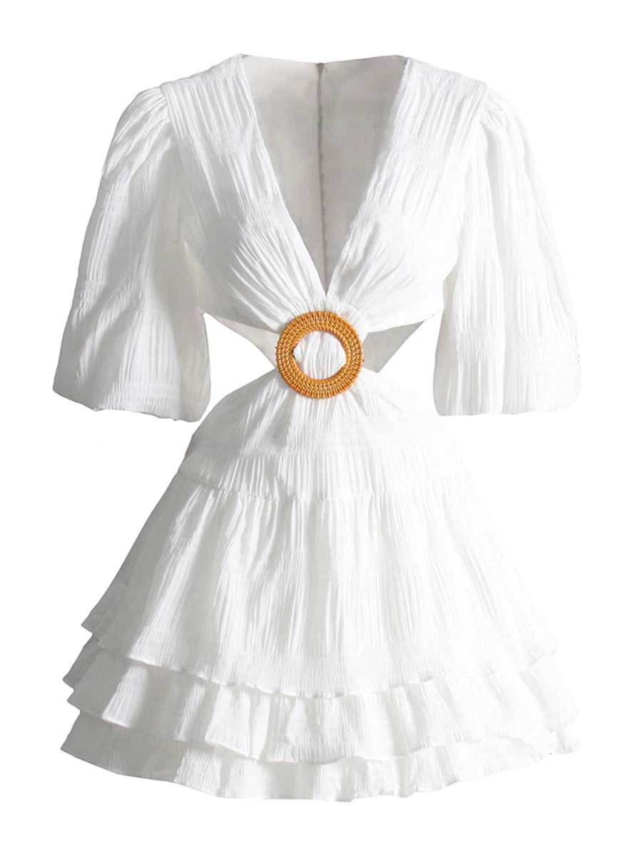 V Neck Lantern Half Sleeve Cut Out High Waist Mini Dress