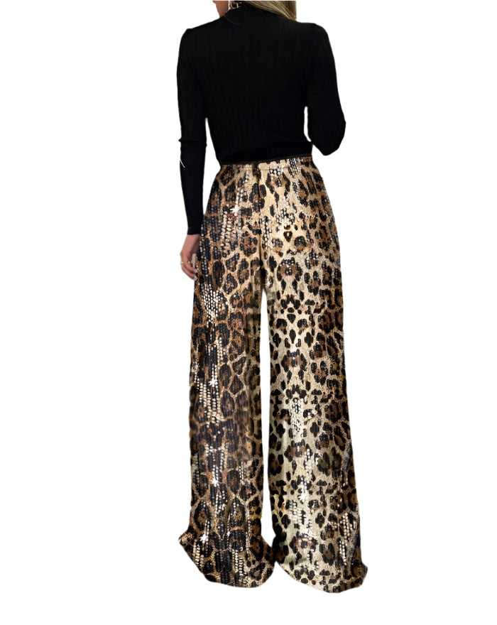 Leopard Print High Waist Sequins Wide Leg Pants