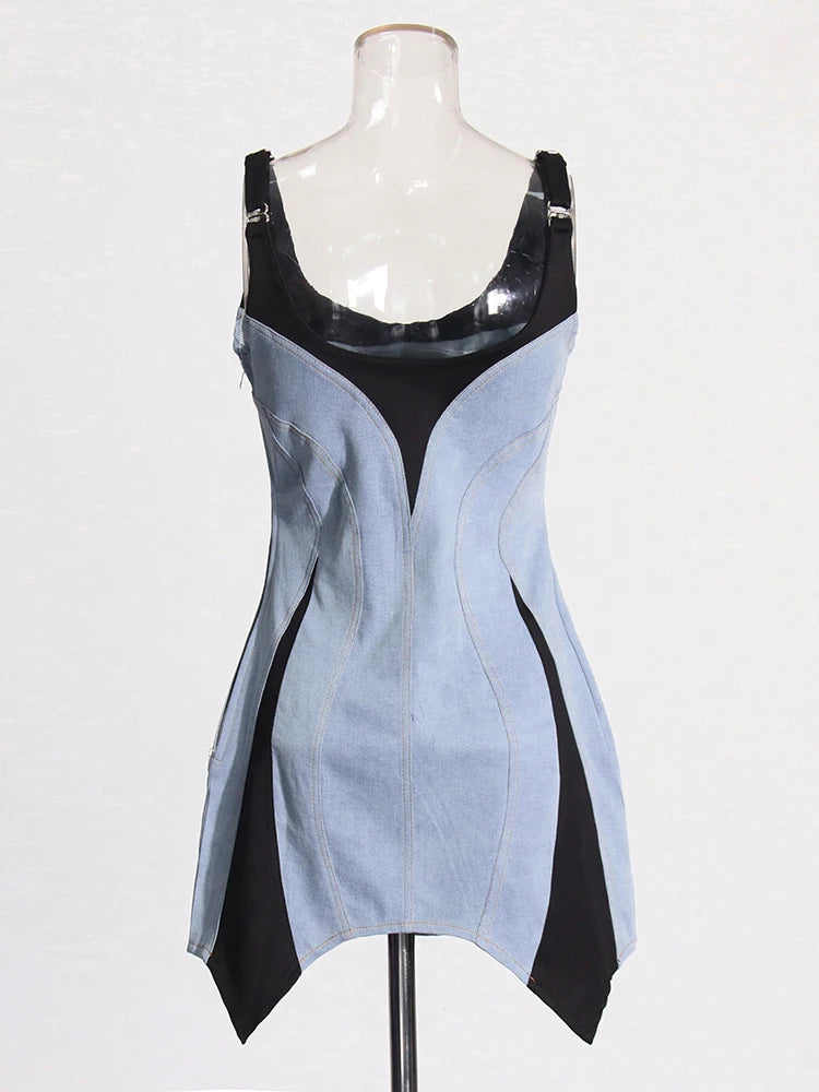 Patchwork Denim Square Collar Sleeveless Mini Dress