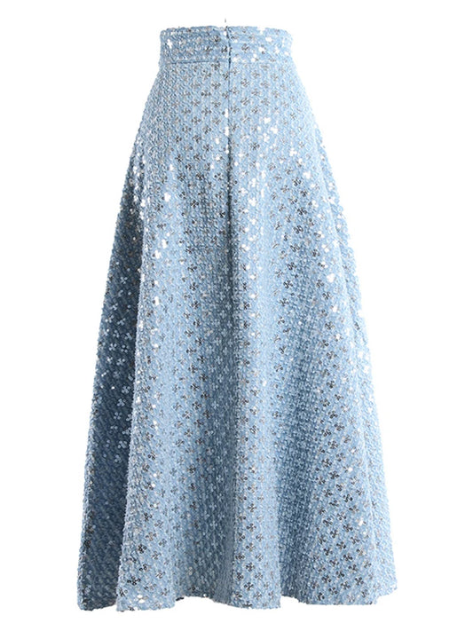 Denim Sequined Embroidery A Line Skirt