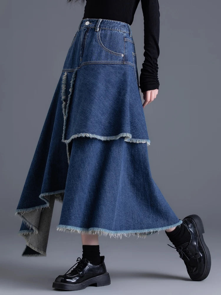 Long Maxi A-line With Pockets Irregular Tassels Slit Skirt