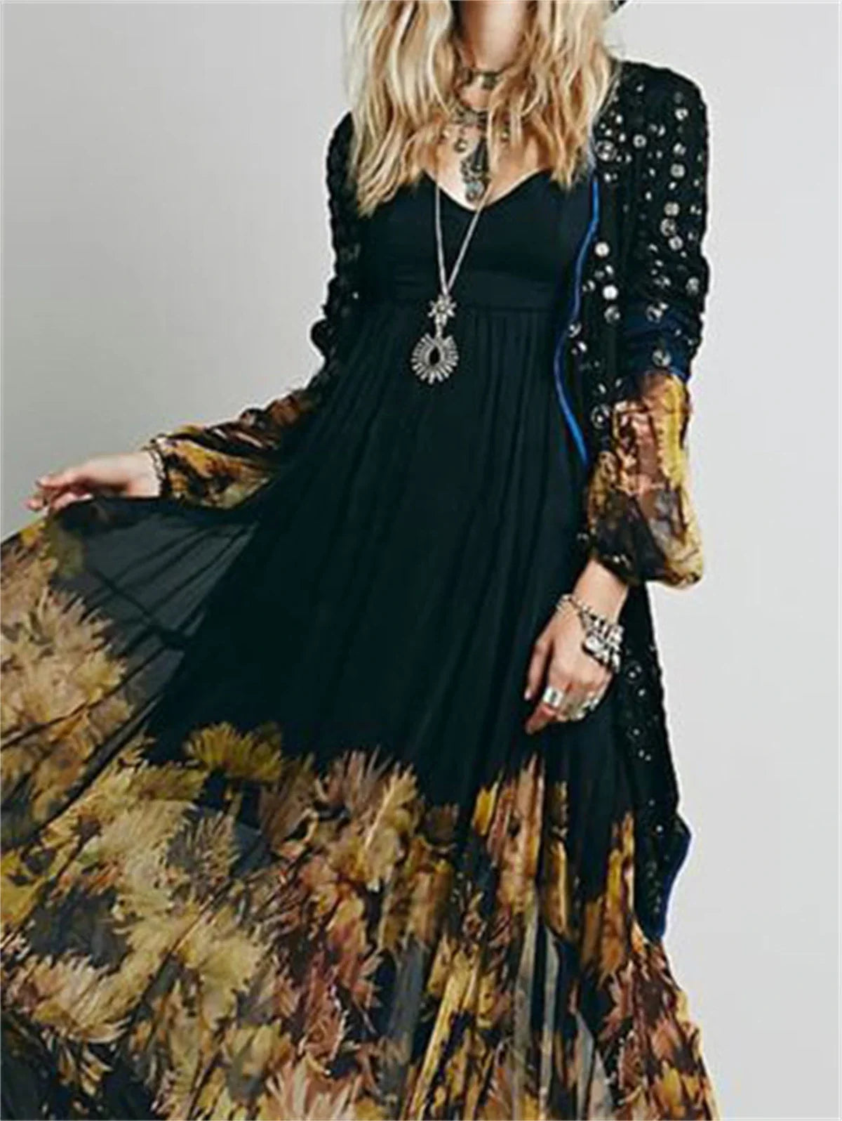 Long Sleeve Floral Pleated Asymmetric Hem Maxi Dress