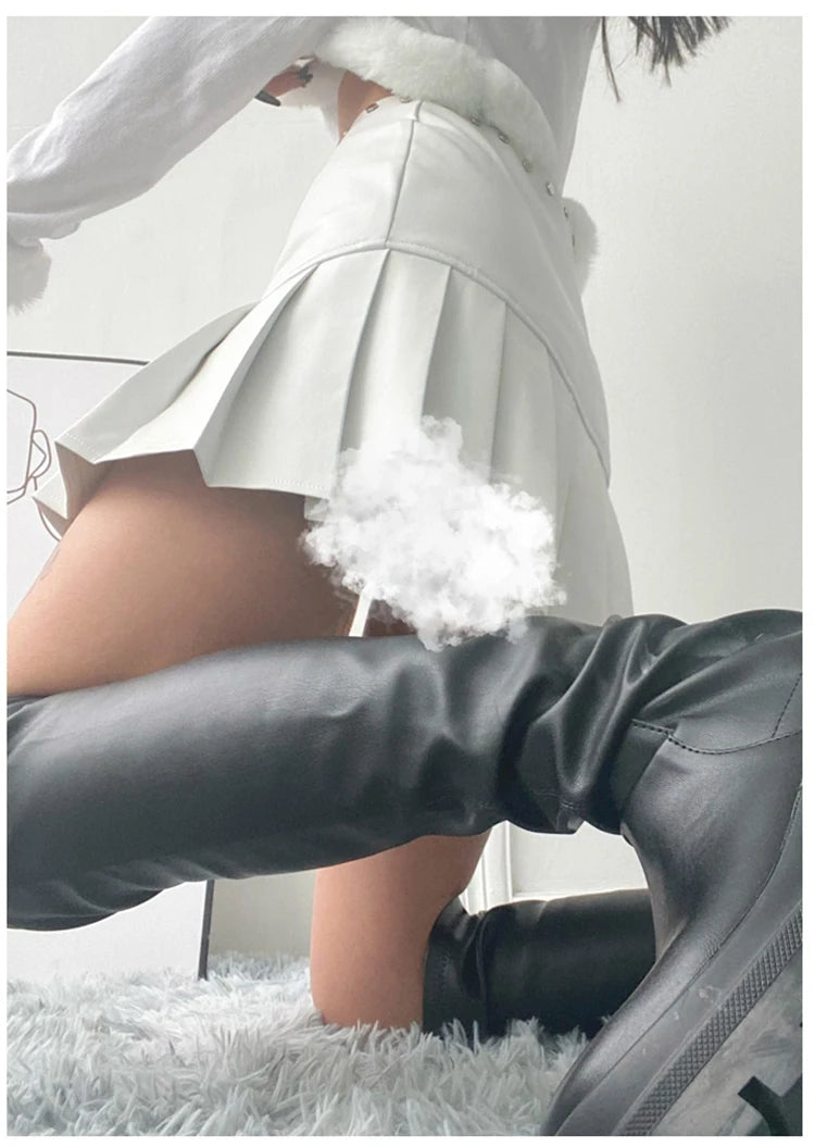 Retro White & Black Pu Leather Mini Pleated Skirt