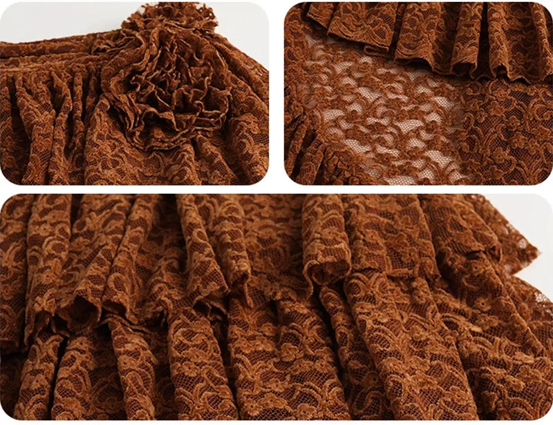 Boho Brown Lace Multilayer Ruffles Asymmetrical Hem Skirt