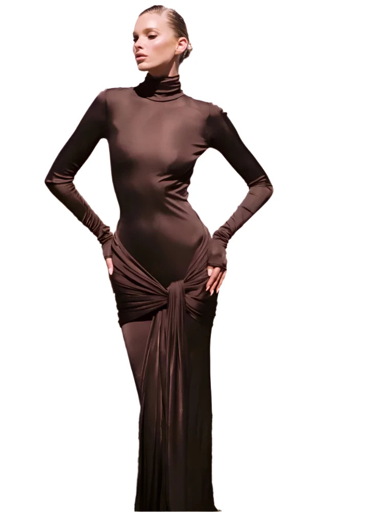 High Neck Long Sleeve Tight Elastic Lace Up Maxi Long Dress