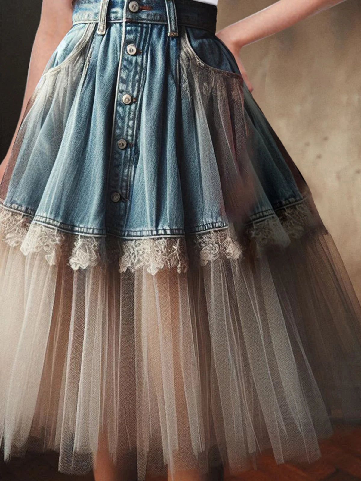 Denim Patchwork Lace Mesh Skirt