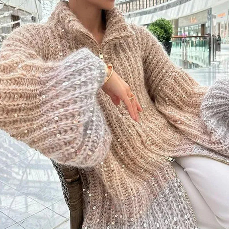 Full Long Sleeves Knitted Sequin V-Neck Sweater