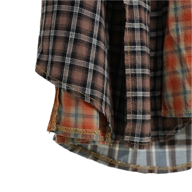 Denim Skirt Patchwork Khaki Plaid A-line Long Skirt