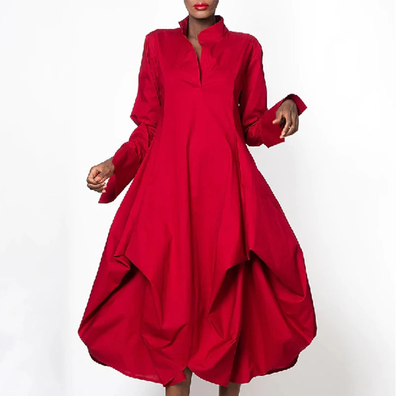 Red Long Sleeves Stand-Collar Loose Dress