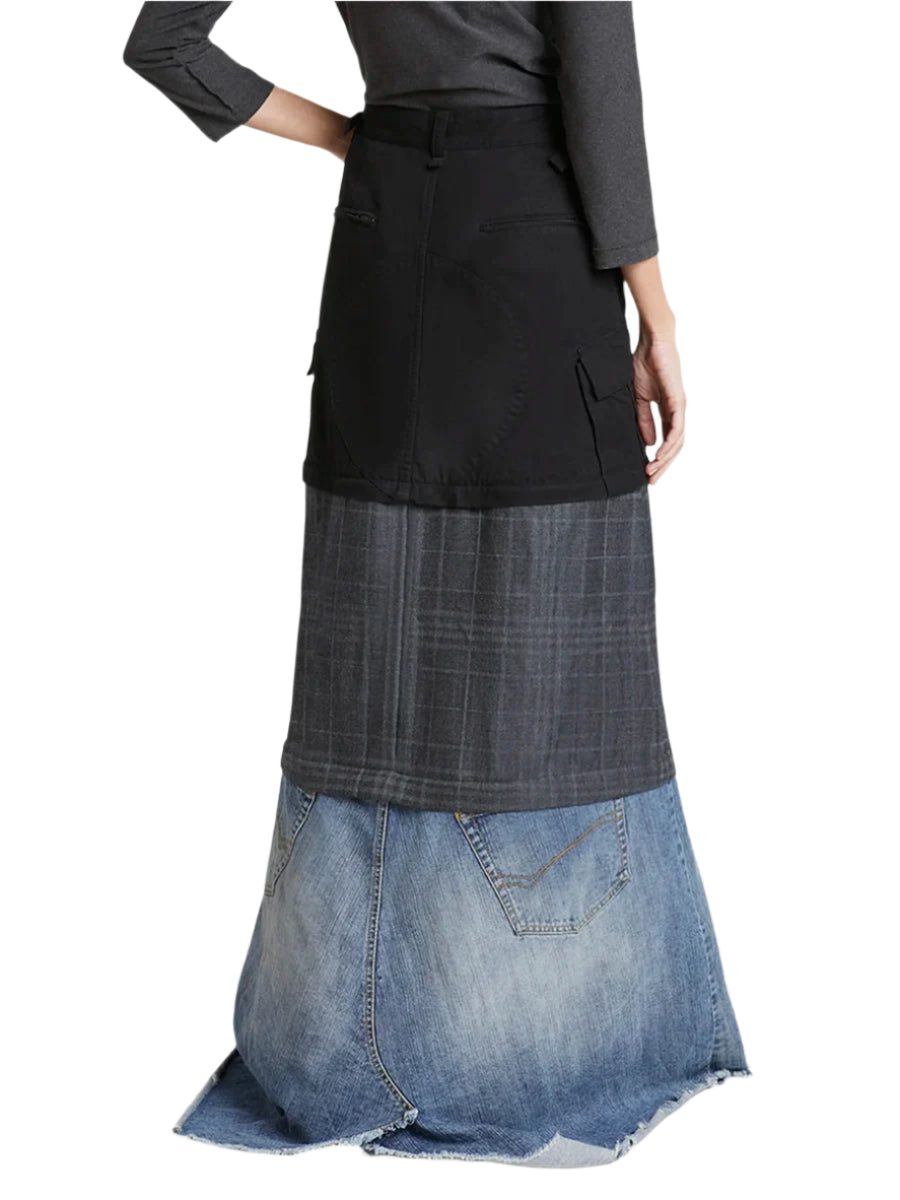 Patchwork Denim Bottom Zipper Skirt