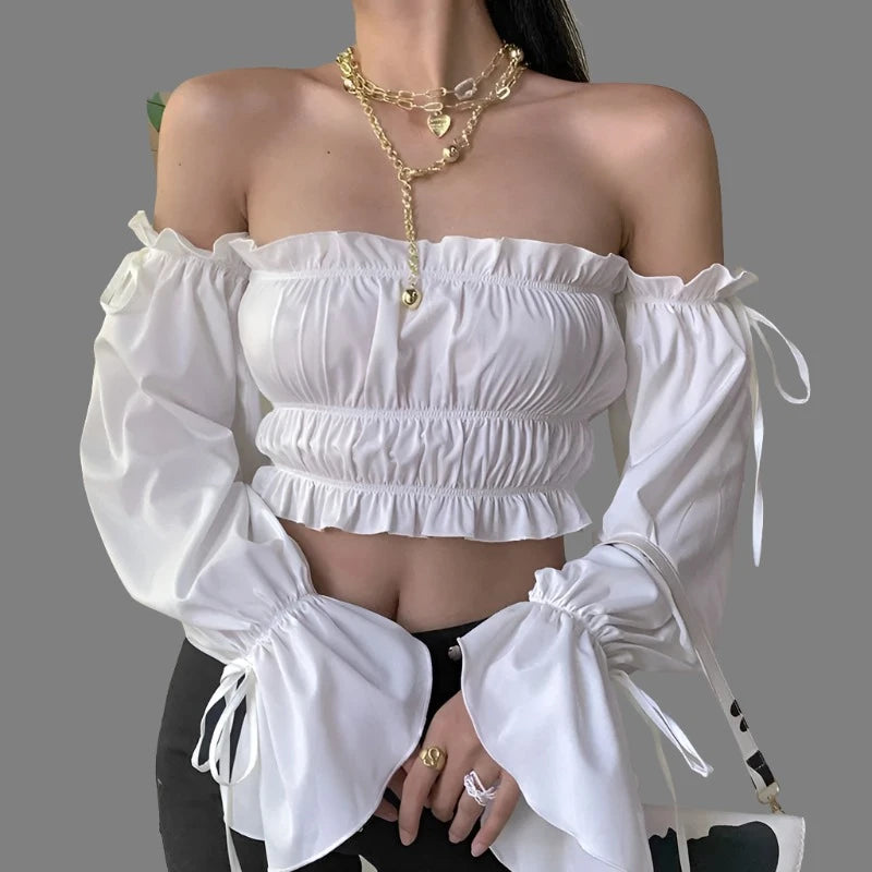 Crop Off Shoulder Long Sleeve White Ruffle Blouse